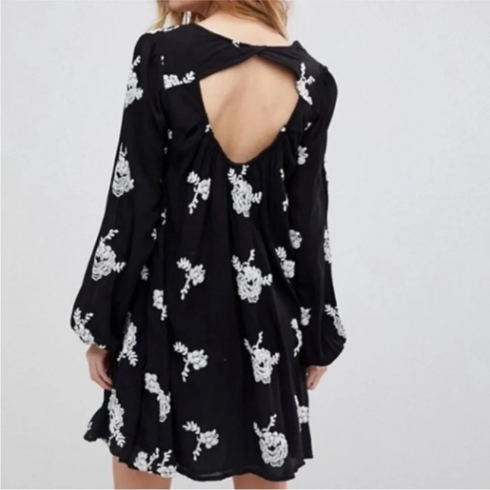 Free People Black Emma Austin Floral Embroidered Boho Swing Mini Dress, M
